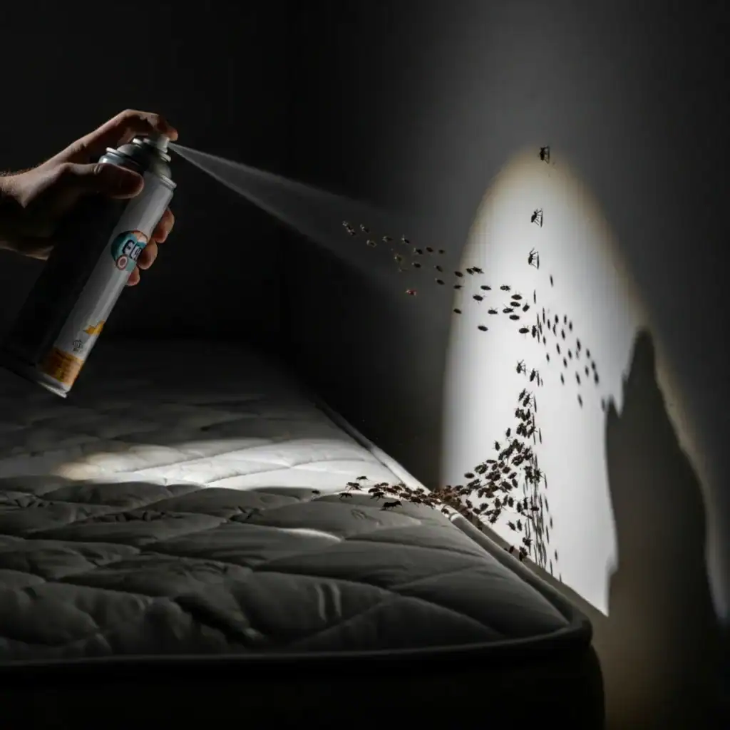 אדם מחזיק תרסיס ביתי מול מיטה, עם תאורה דרמטית שמראה צלליות של פשפשים בורחים עמוק יותר לתוך המזרן/קיר.