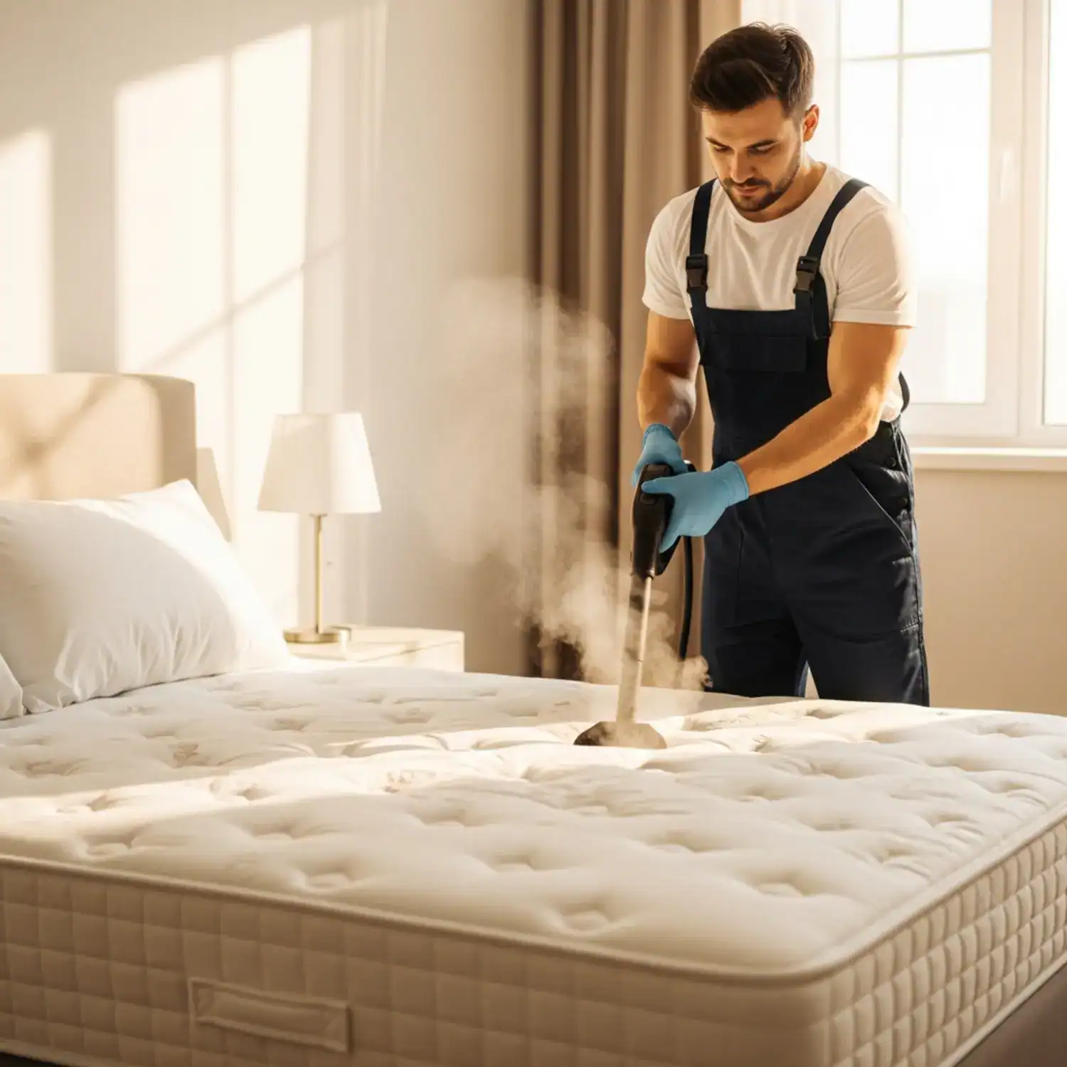 חדר שינה מואר, מדביר מקצועי עם כפפות ומכשיר קיטור עובר על התפרים של מזרן לבן איכותי. אדים עולים מהמכשיר.