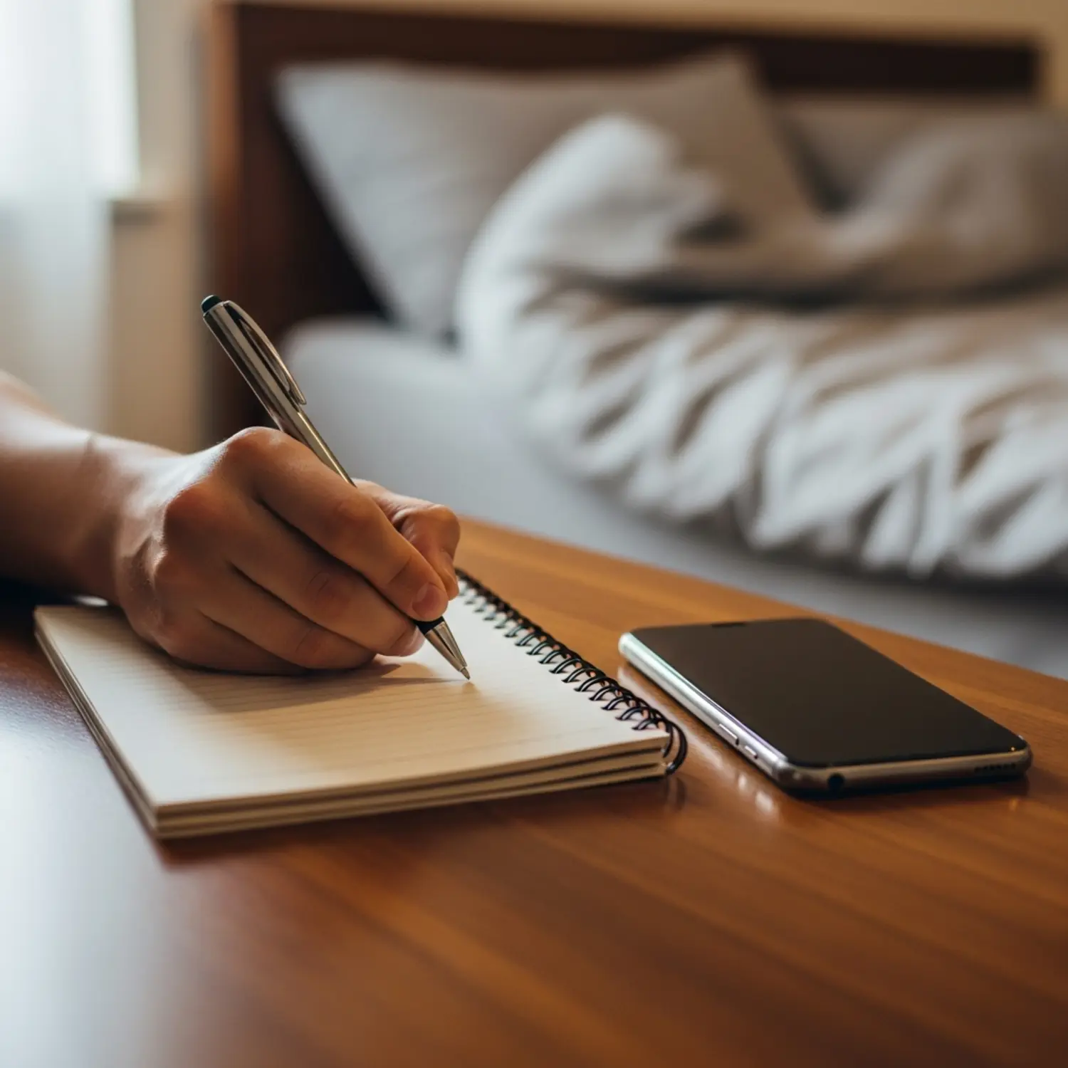 צילום תקריב של יד רושמת הערות במחברת לצד טלפון נייד מונח על שולחן, ברקע מטושטש רואים מיטה.