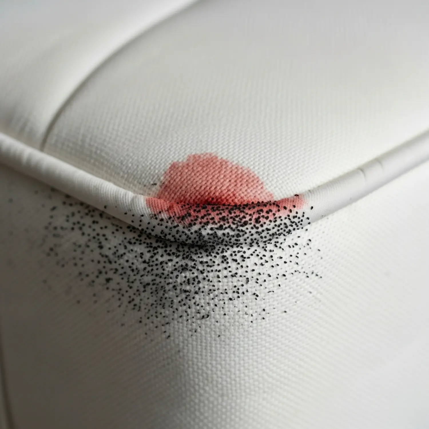 צילום תקריב (High Resolution) של פינת מזרן עם ריכוז נקודות שחורות קטנות וכתם דם מרוח קלות. תאורה טבעית.