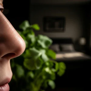 אף אנושי בתקריב פרופיל, ברקע מטושטש צרור כוסברה (רמז ויזואלי לריח) וחדר שינה חשוך.