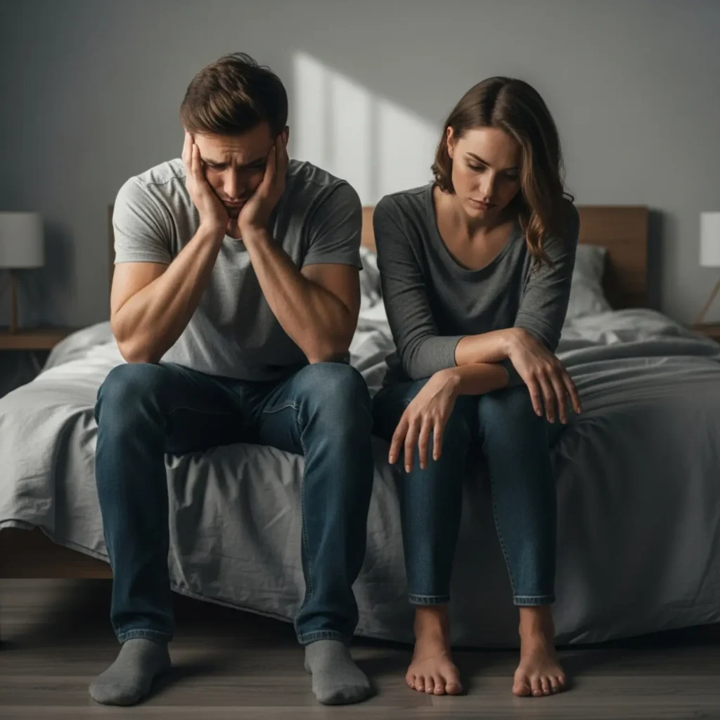 זוג נראה מתוסכל יושב על קצה המיטה, מסתכלים על הרצפה. תמונה המשדרת ייאוש שמחפש פתרון סופי.