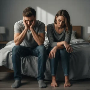 זוג נראה מתוסכל יושב על קצה המיטה, מסתכלים על הרצפה. תמונה המשדרת ייאוש שמחפש פתרון סופי.