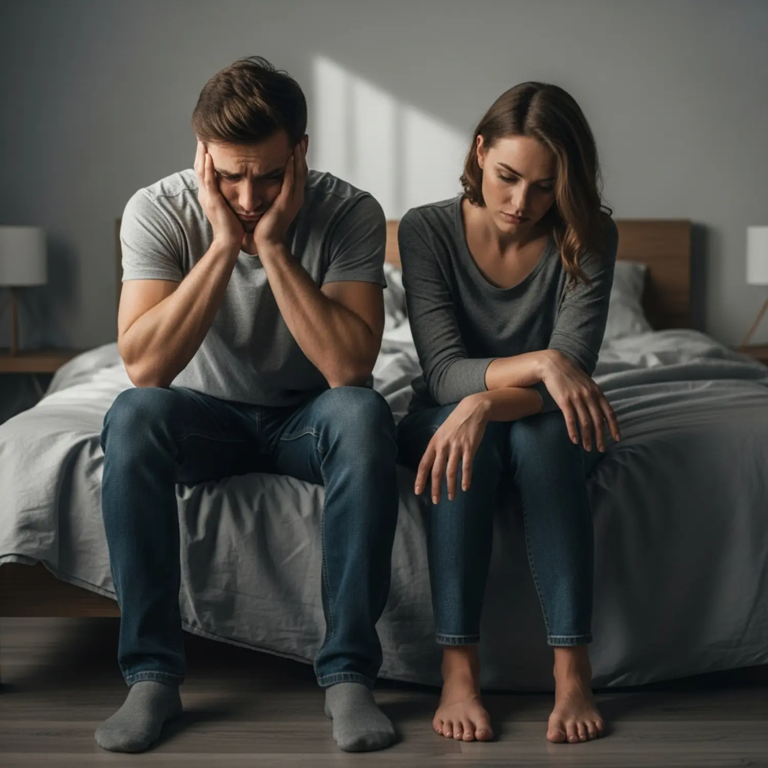 זוג נראה מתוסכל יושב על קצה המיטה, מסתכלים על הרצפה. תמונה המשדרת ייאוש שמחפש פתרון סופי.
