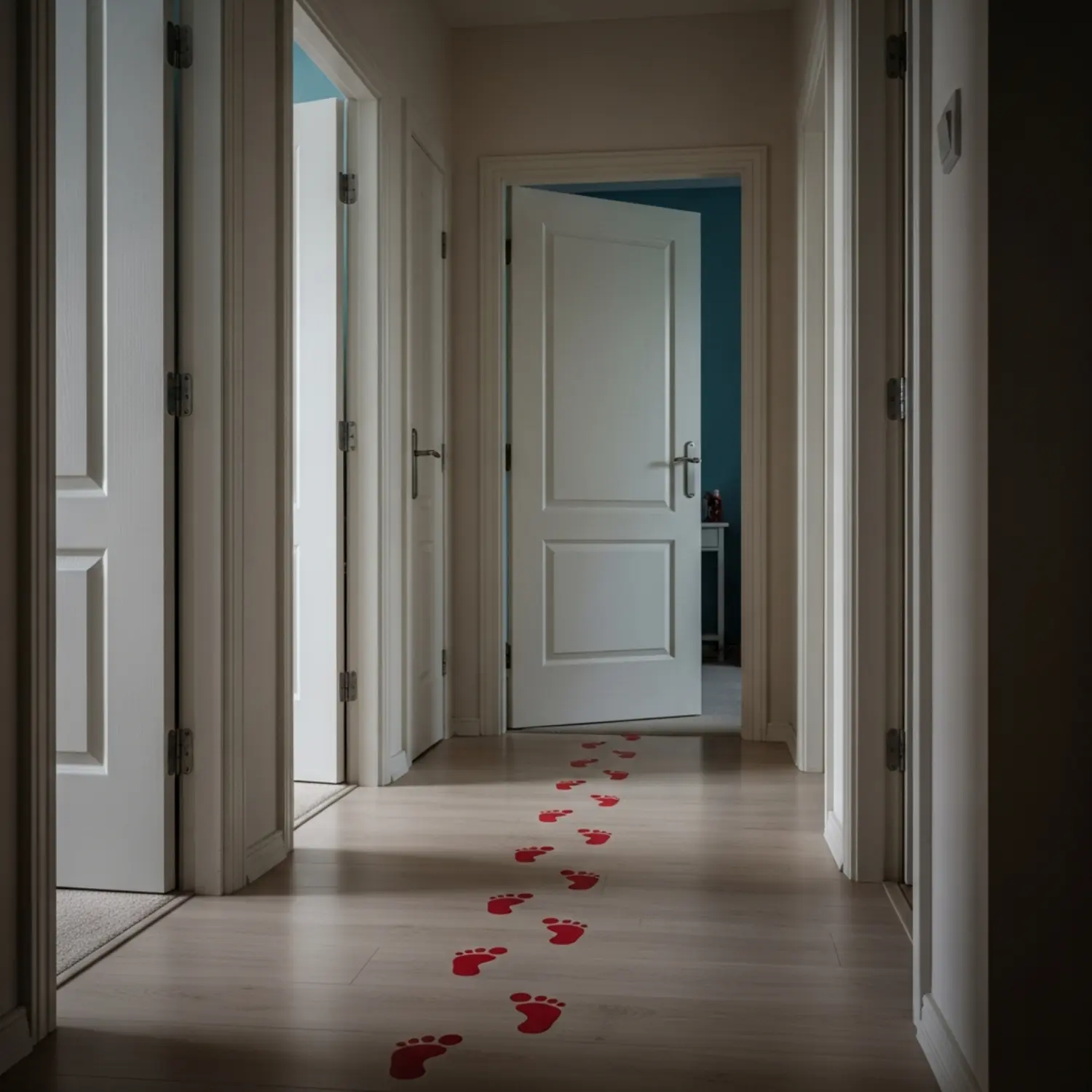 מסדרון ביתי המציג דלתות של חדרים שונים, עם "עקבות" אדומות סימבוליות קטנות המראות מסלול הליכה מחדר לחדר.