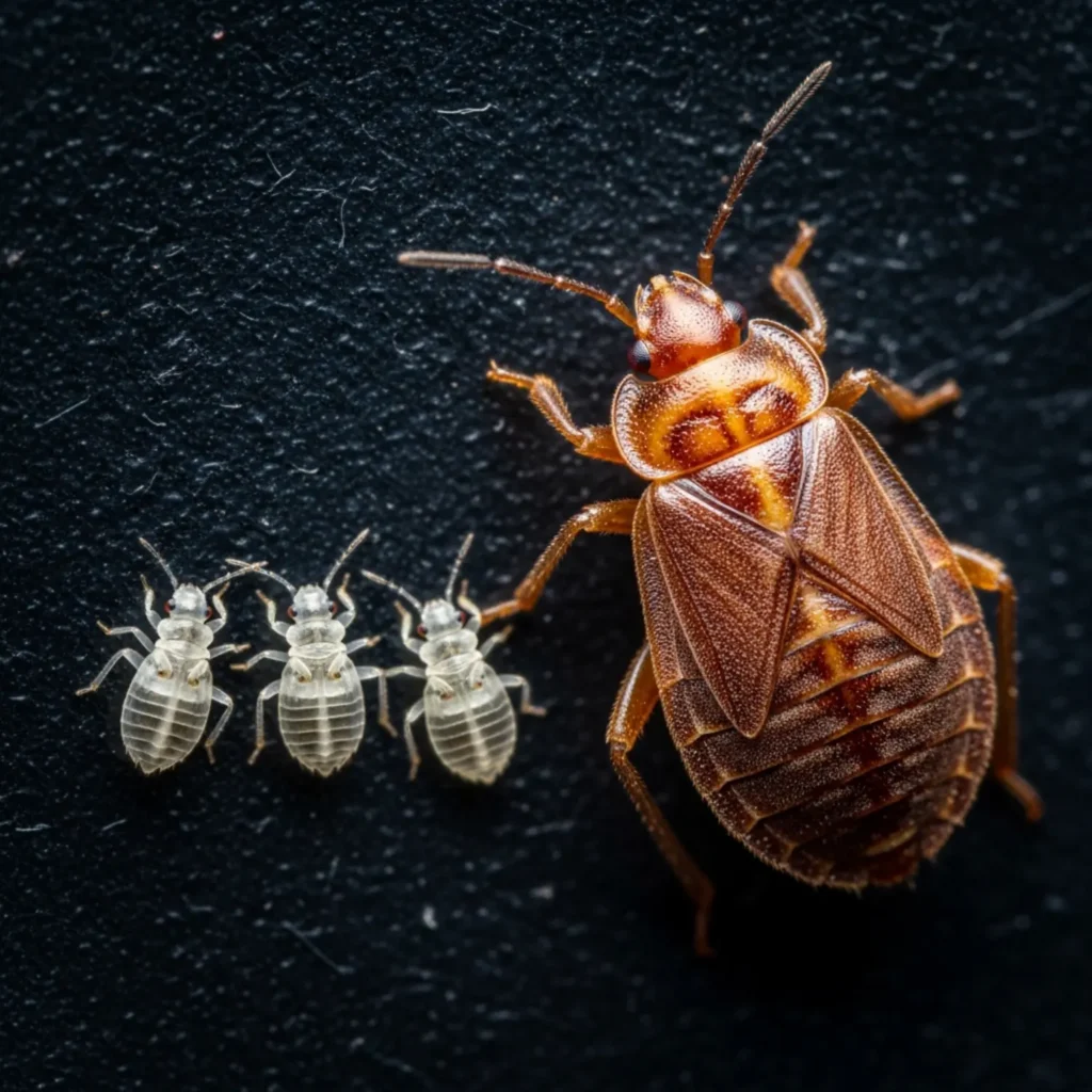 צילום מאקרו על רקע כהה, המראה פשפש בוגר חום ולצידו 2-3 נימפות שקופות קטנטנות, להמחשת ההסוואה.