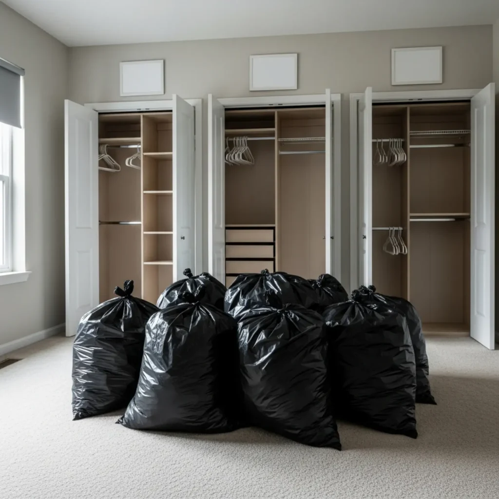 חדר שינה במצב של "מעבר דירה" – שקיות זבל שחורות אטומות מסודרות במרכז החדר, ארונות בגדים ריקים ופתוחים.