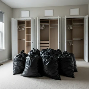חדר שינה במצב של "מעבר דירה" – שקיות זבל שחורות אטומות מסודרות במרכז החדר, ארונות בגדים ריקים ופתוחים.