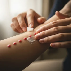 אדם מורח משחה לבנה/ג'ל אלוורה על שורה של עקיצות אדומות בזרוע. תאורה רכה ומרגיעה.