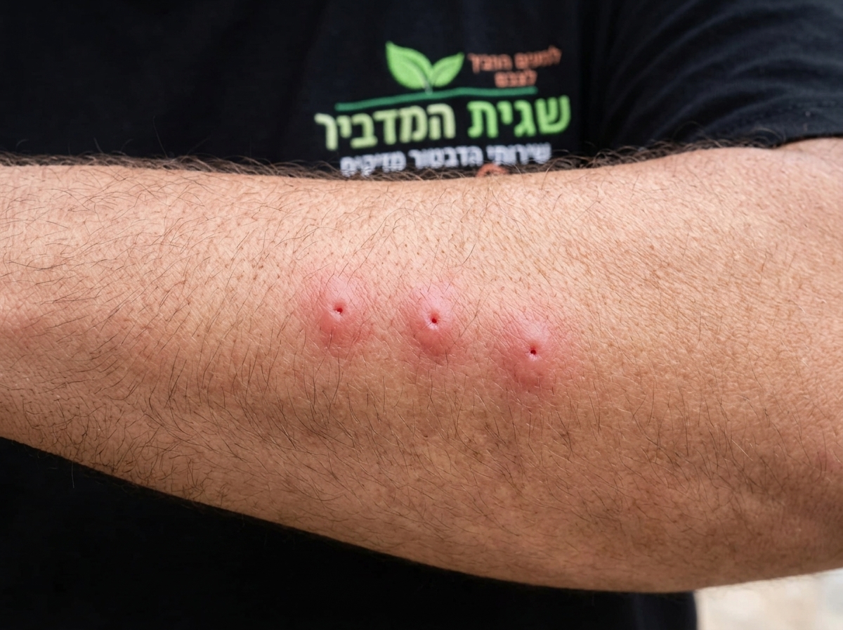 צילום תקריב פוטו-ריאליסטי של עור זרוע עם שורה ברורה של שלוש עקיצות אדומות ובולטות של פשפש המיטה, תאורה טבעית חדה, פוקוס על מרקם העור והנפיחות הקלה סביב העקיצות.