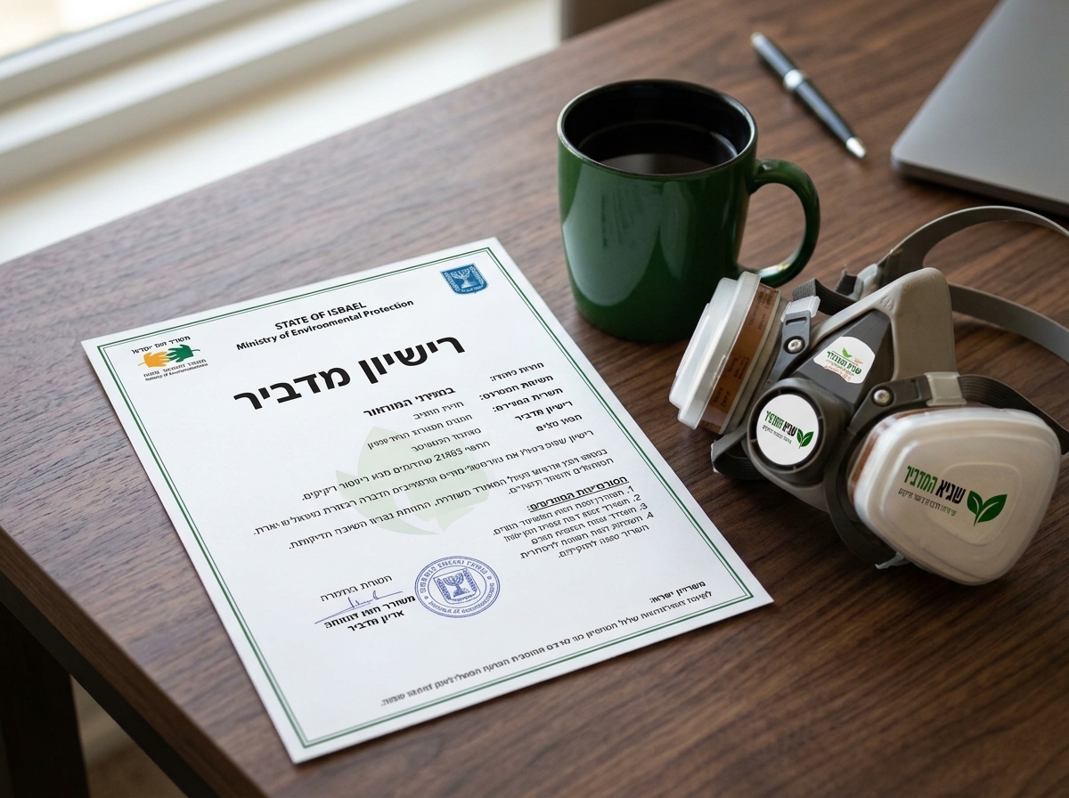 צילום תקריב פוטו-ריאליסטי של תעודת רישיון מדביר רשמית של המשרד להגנת הסביבה מונחת על שולחן עץ לצד כוס קפה ומסכת נשימה מקצועית, תאורה טבעית, פוקוס חד על המילה רישיון