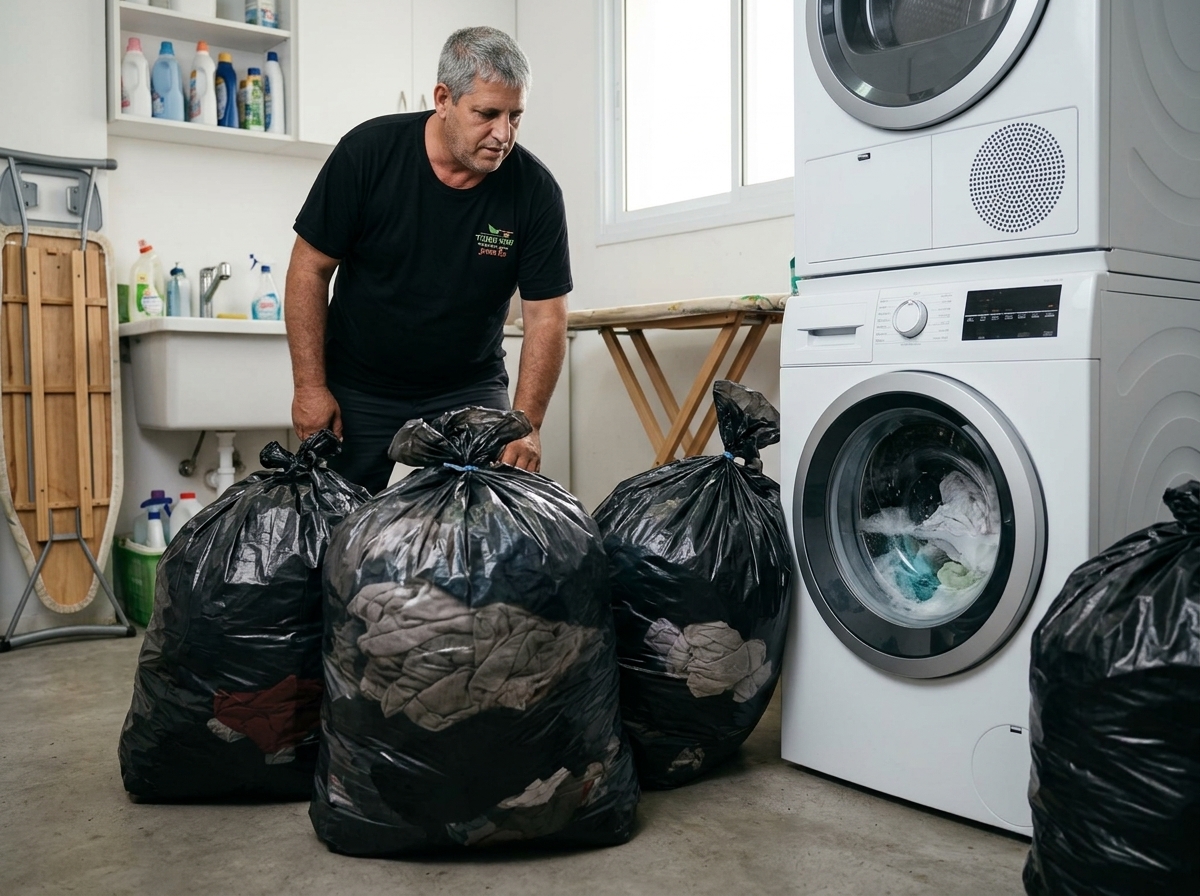 תמונה מציאותית של שקיות אשפה גדולות ואטומות מלאות בבגדים, עומדות ליד מכונת כביסה בחדר שירות.