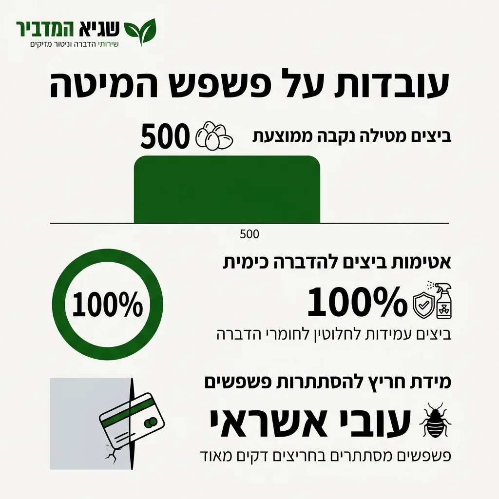 אינפוגרפיקה — עובדות על פשפש המיטה: ביצים מטילה נקבה ממוצעת, אטימות ביצים להדברה כימית, מידת חריץ להסתתרות פשפשים