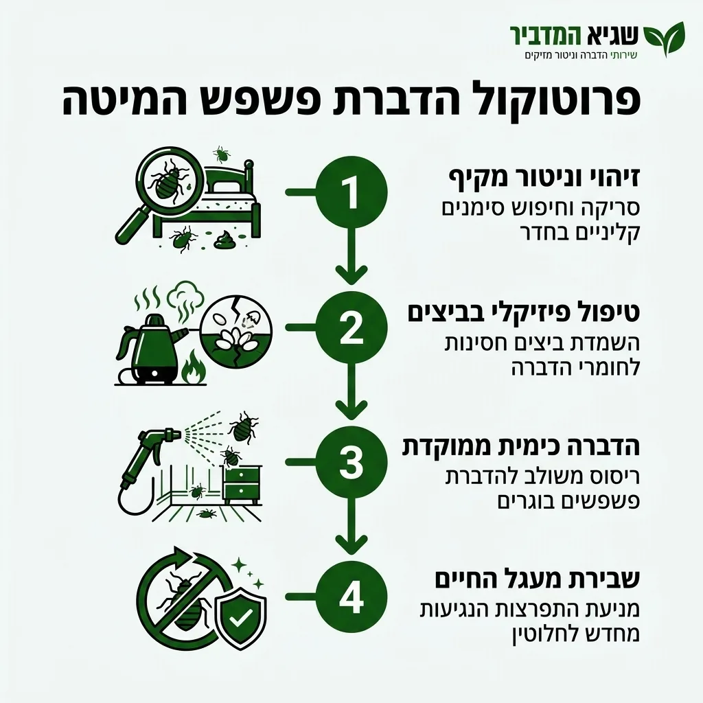אינפוגרפיקה — פרוטוקול הדברת פשפש המיטה: זיהוי וניטור מקיף, טיפול פיזיקלי בביצים, הדברה כימית ממוקדת, שבירת מעגל החיים