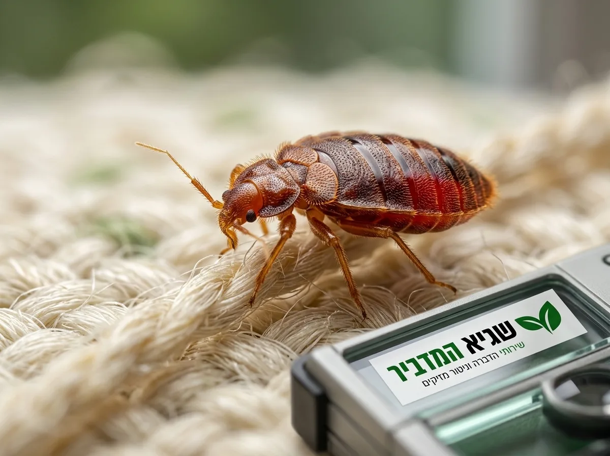 צילום תקריב פוטו-ריאליסטי של פשפש המיטה בוגר על סיב של מזרן בהיר, תאורת מאקרו המדגישה את צבעו החום-אדמדם ומבנה גופו האובלי והשטוח, פוקוס חד על החרק