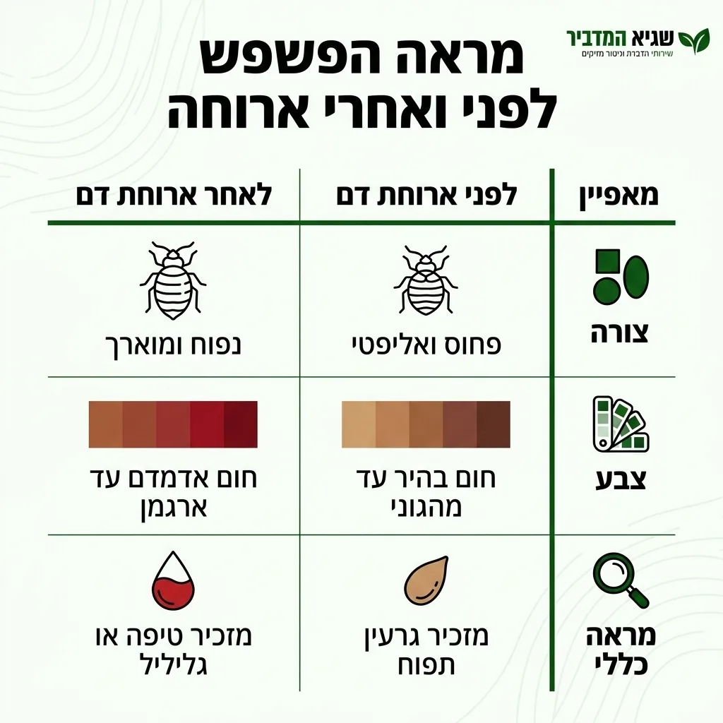 אינפוגרפיקה — מראה הפשפש לפני ואחרי ארוחה: השוואה בין לפני ארוחת דם, לאחר ארוחת דם