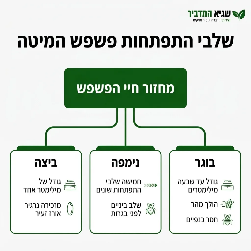 אינפוגרפיקה — שלבי התפתחות פשפש המיטה: מחזור חיי הפשפש