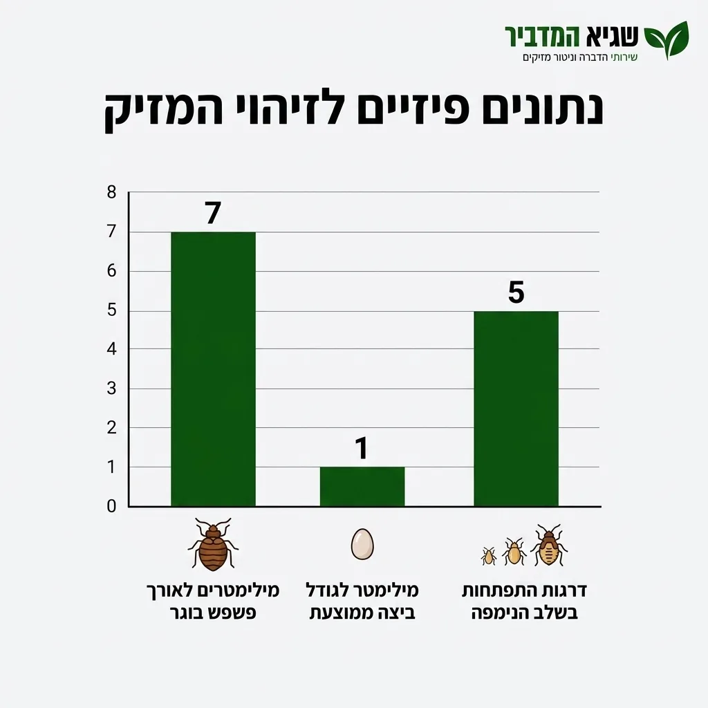 אינפוגרפיקה — נתונים פיזיים לזיהוי המזיק: מילימטרים לאורך פשפש בוגר, מילימטר לגודל ביצה ממוצעת, דרגות התפתחות בשלב הנימפה