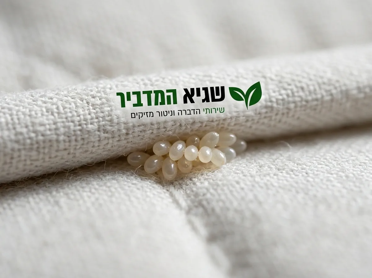 צילום תקריב מאקרו ריאליסטי של תפר מזרן לבן, עליו מונח אשכול של כ-10 ביצי פשפשים זעירות ואליפטיות בצבע לבן-פנינה. תאורה טבעית חזקה המדגישה את הברק הדביק שלהן על גבי סיבי הבד. עומק שדה רדוד