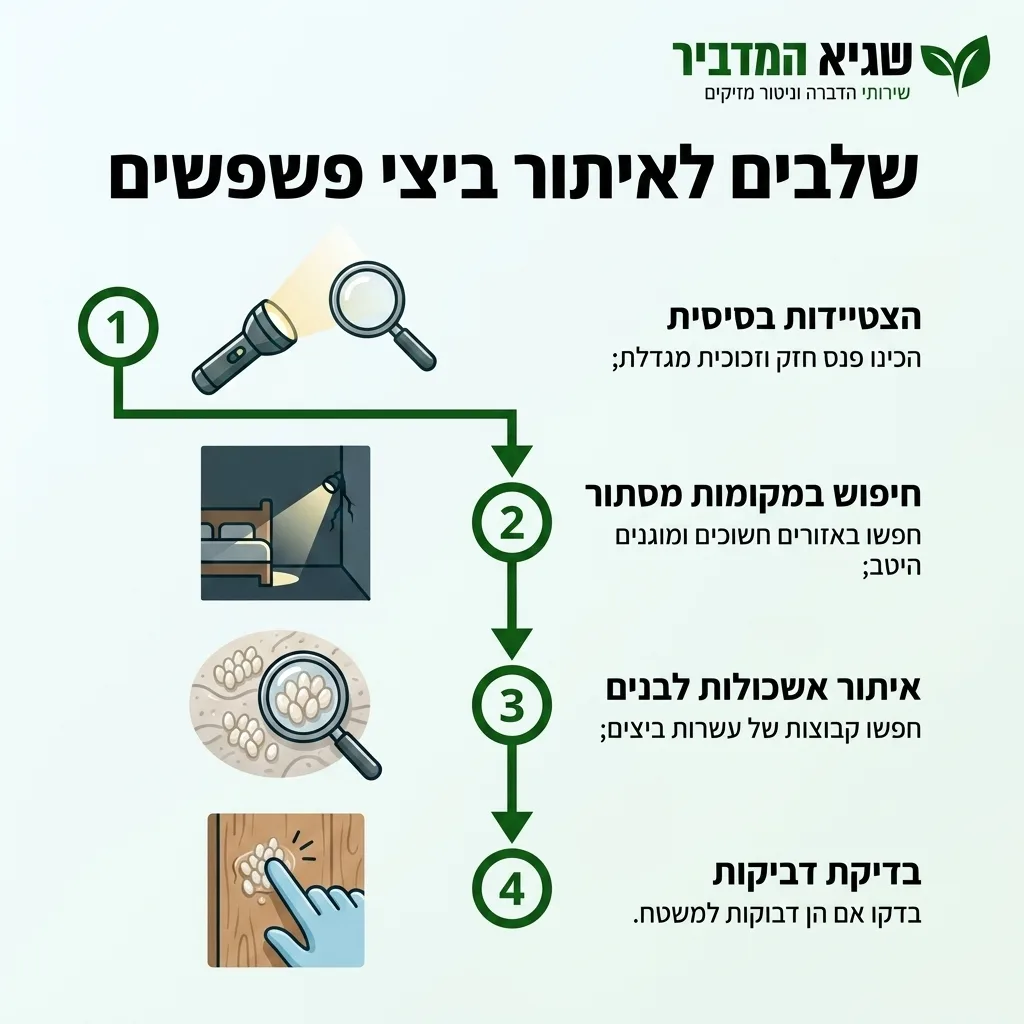 אינפוגרפיקה — שלבים לאיתור ביצי פשפשים: הצטיידות בסיסית, חיפוש במקומות מסתור, איתור אשכולות לבנים, בדיקת דביקות