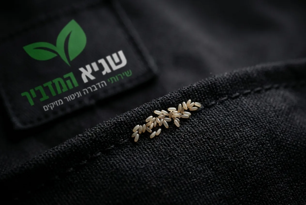 תמונת מאקרו דרמטית של צבר ביצי פשפשים זעירות דבוקות לתפר של בד כהה.