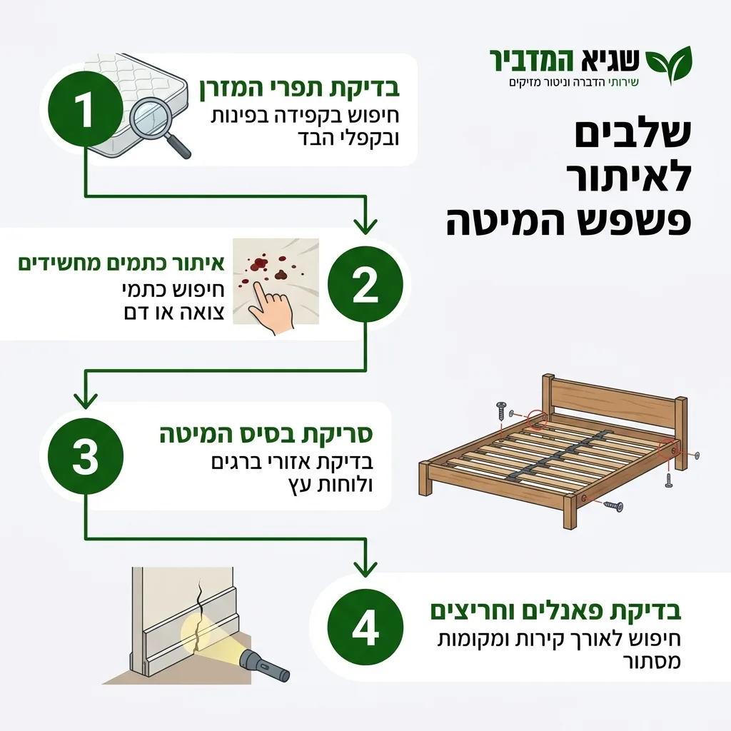 אינפוגרפיקה — שלבים לאיתור פשפש המיטה: בדיקת תפרי המזרן, איתור כתמים מחשידים, סריקת בסיס המיטה, בדיקת פאנלים וחריצים