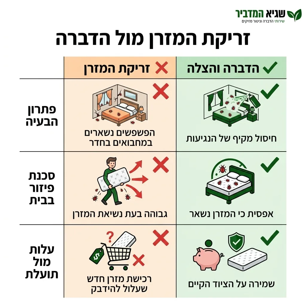 אינפוגרפיקה — זריקת המזרן מול הדברה: השוואה בין זריקת המזרן, הדברה והצלה