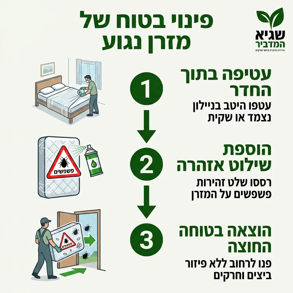 אינפוגרפיקה — פינוי בטוח של מזרן נגוע: עטיפה בתוך החדר, הוספת שילוט אזהרה, הוצאה בטוחה החוצה