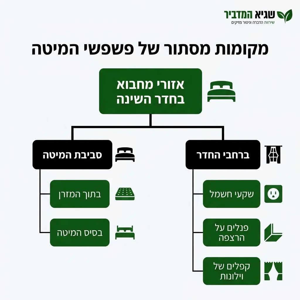 אינפוגרפיקה — מקומות מסתור של פשפשי המיטה: אזורי מחבוא בחדר השינה