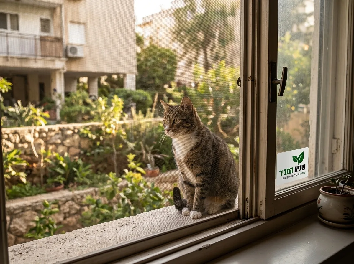 צילום מקצועי של חתול רחוב יושב על אדן חלון חיצוני של דירת קרקע, מבט מבפנים החוצה, פוקוס על החלון והרשת, תאורה רכה של אחר הצהריים