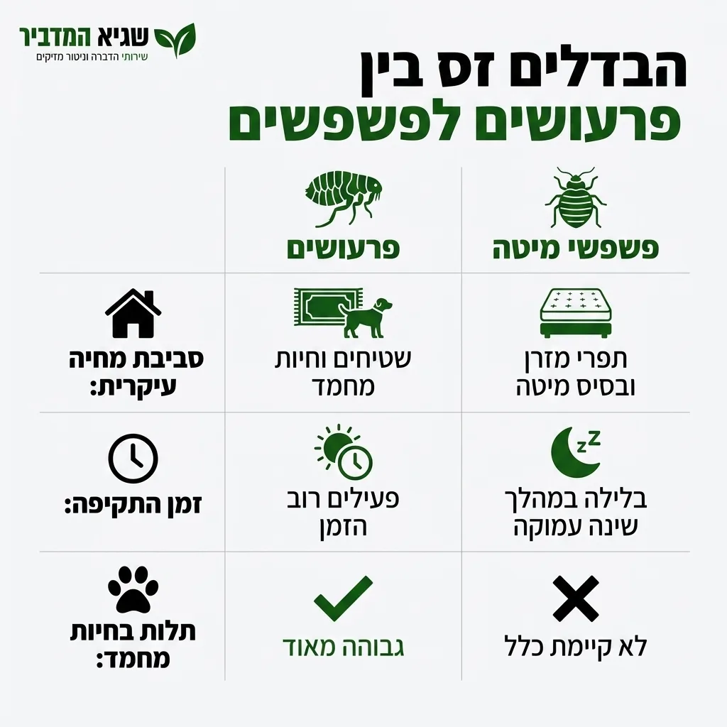 אינפוגרפיקה — הבדלים בין פרעושים לפשפשים: השוואה בין פרעושים, פשפשי מיטה