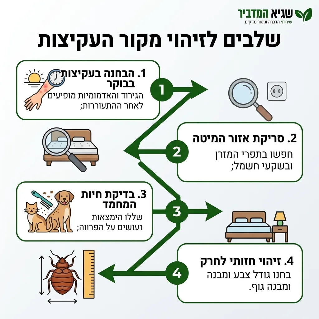 אינפוגרפיקה — שלבים לזיהוי מקור העקיצות: הבחנה בעקיצות בבוקר, סריקת אזור המיטה, בדיקת חיות המחמד, זיהוי חזותי לחרק