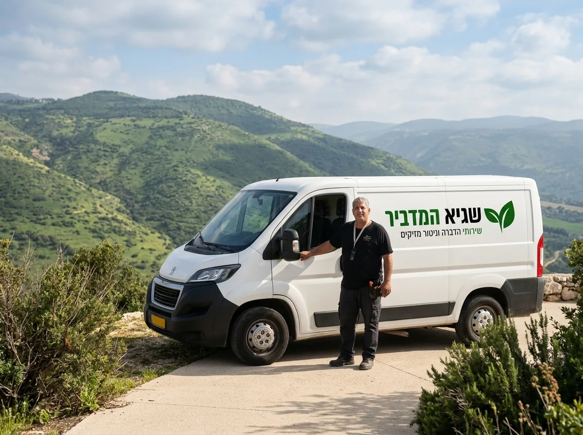 צילום פוטו-ריאליסטי של רכב מסחרי לבן עם לוגו הדברה חונה מול נוף ירוק של הרי הגליל, תאורת יום טבעית ובהירה
