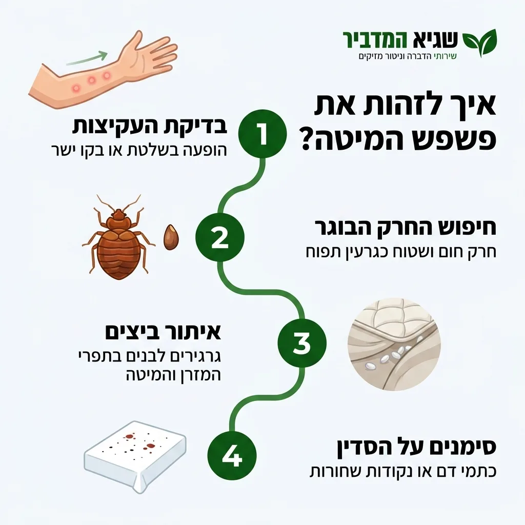 אינפוגרפיקה — איך לזהות את פשפש המיטה?: בדיקת העקיצות, חיפוש החרק הבוגר, איתור ביצים, סימנים על הסדין