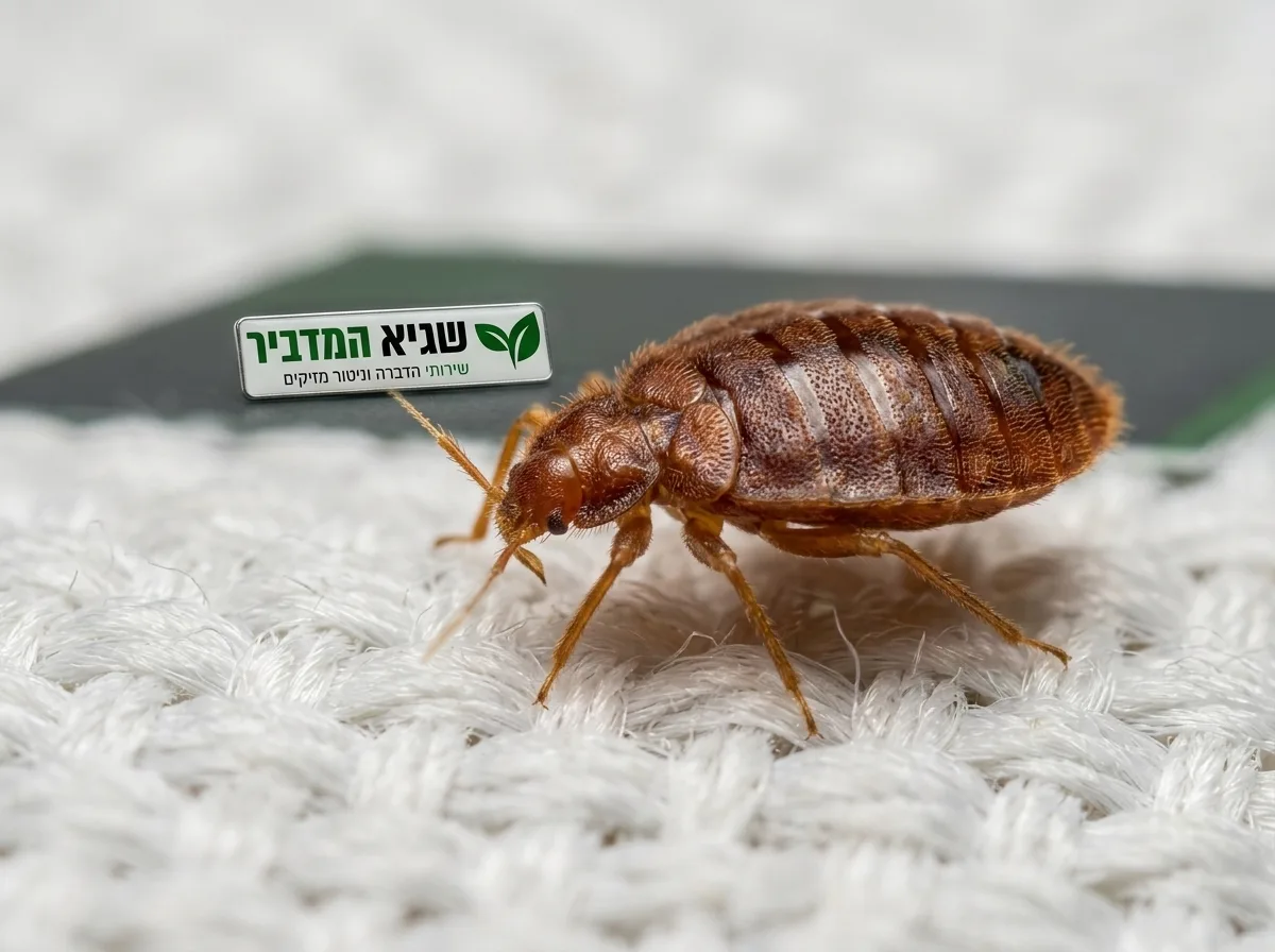 צילום מאקרו מציאותי של פשפש מיטה בוגר בצבע חום-אדמדם עומד על סיבי בד לבנים של מזרן, חדות גבוהה המראה את גופו הפחוס, תאורה טבעית