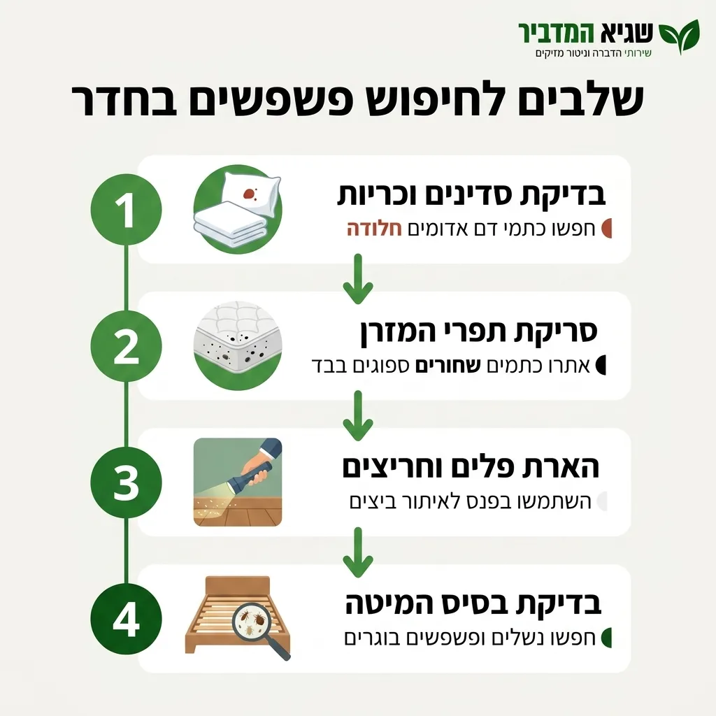אינפוגרפיקה — שלבים לחיפוש פשפשים בחדר: בדיקת סדינים וכריות, סריקת תפרי המזרן, הארת פנלים וחריצים, בדיקת בסיס המיטה