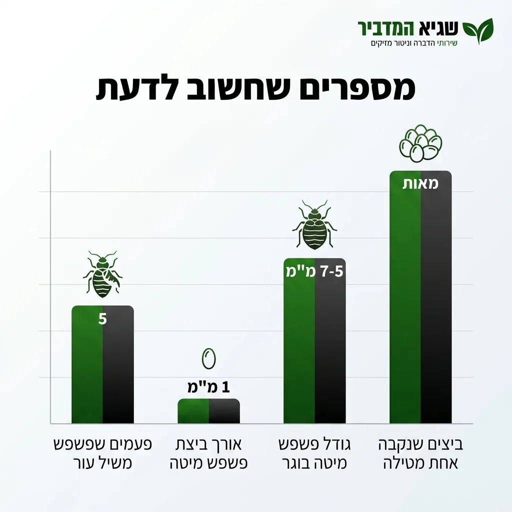 אינפוגרפיקה — מספרים שחשוב לדעת: פעמים שפשפש משיל עור, אורך ביצת פשפש מיטה, גודל פשפש מיטה בוגר, ביצים שנקבה אחת מטילה
