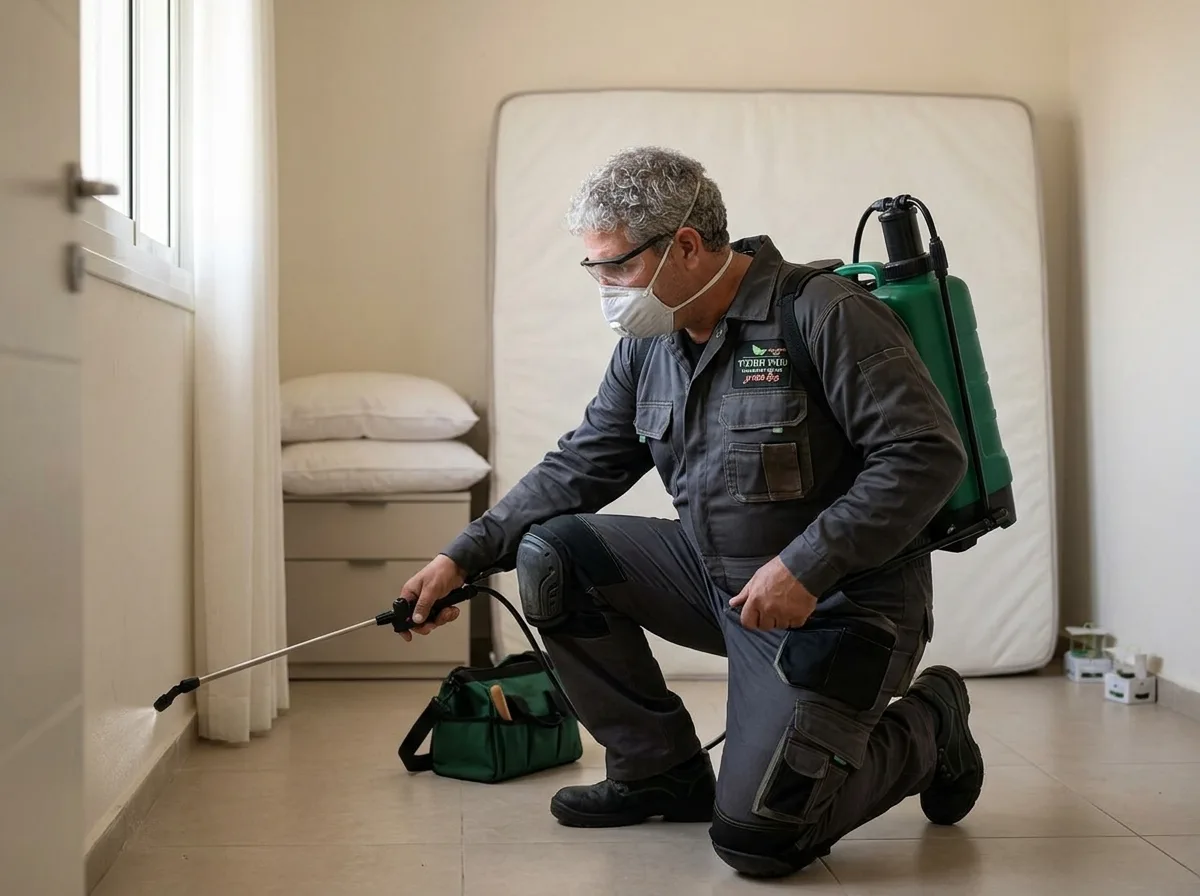 צילום ריאליסטי של מדביר בחליפת עבודה מקצועית מרסס את הפאנלים התחתונים בחדר שינה בעזרת מרסס גב, המזרן מורם ונשען על הקיר ללא כיסוי, תאורה טבעית