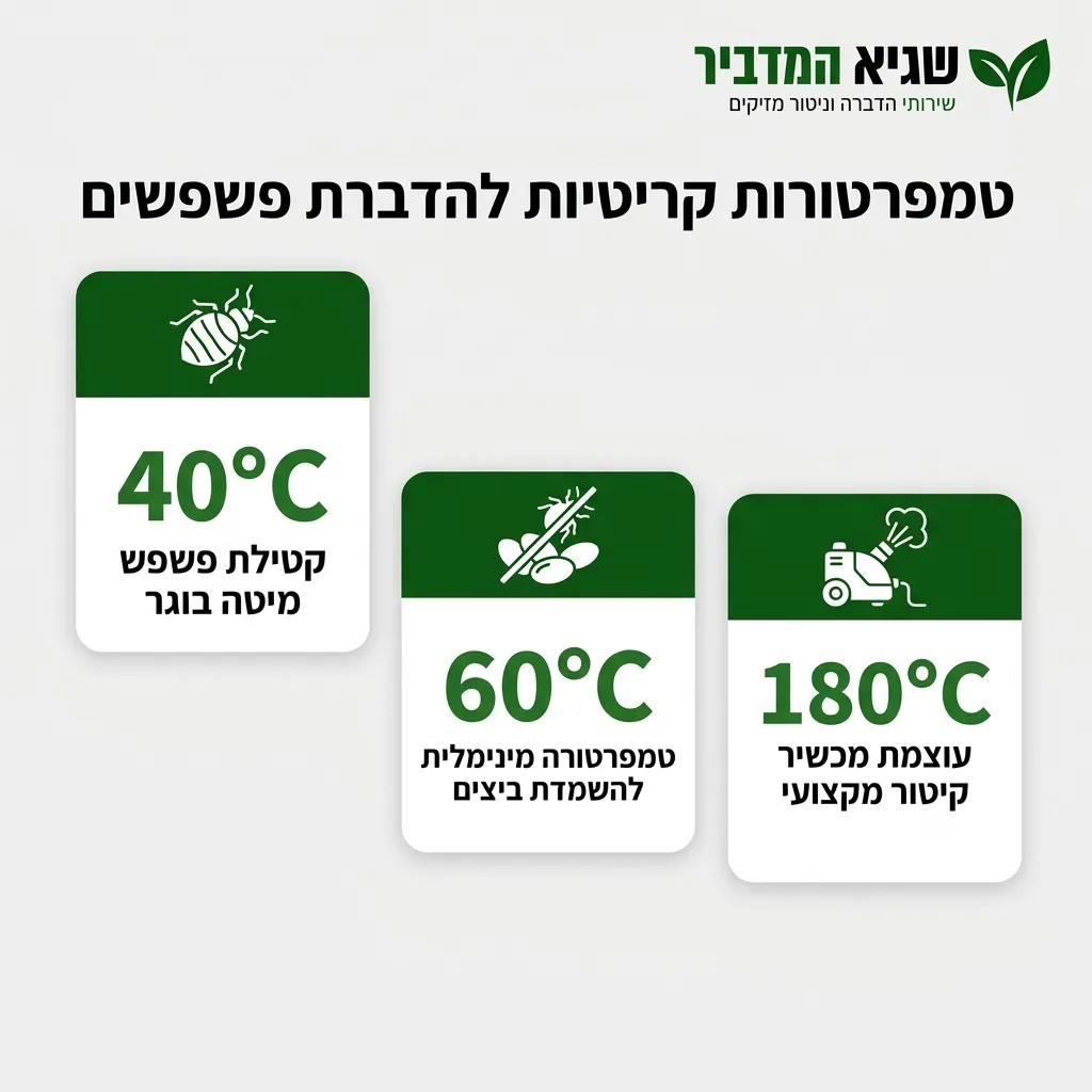 אינפוגרפיקה — טמפרטורות קריטיות להדברת פשפשים: קטילת פשפש מיטה בוגר, טמפרטורה מינימלית להשמדת ביצים, עוצמת מכשיר קיטור מקצועי