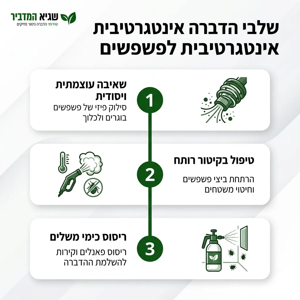 אינפוגרפיקה — שלבי הדברה אינטגרטיבית לפשפשים: שאיבה עוצמתית ויסודית, טיפול בקיטור רותח, ריסוס כימי משלים