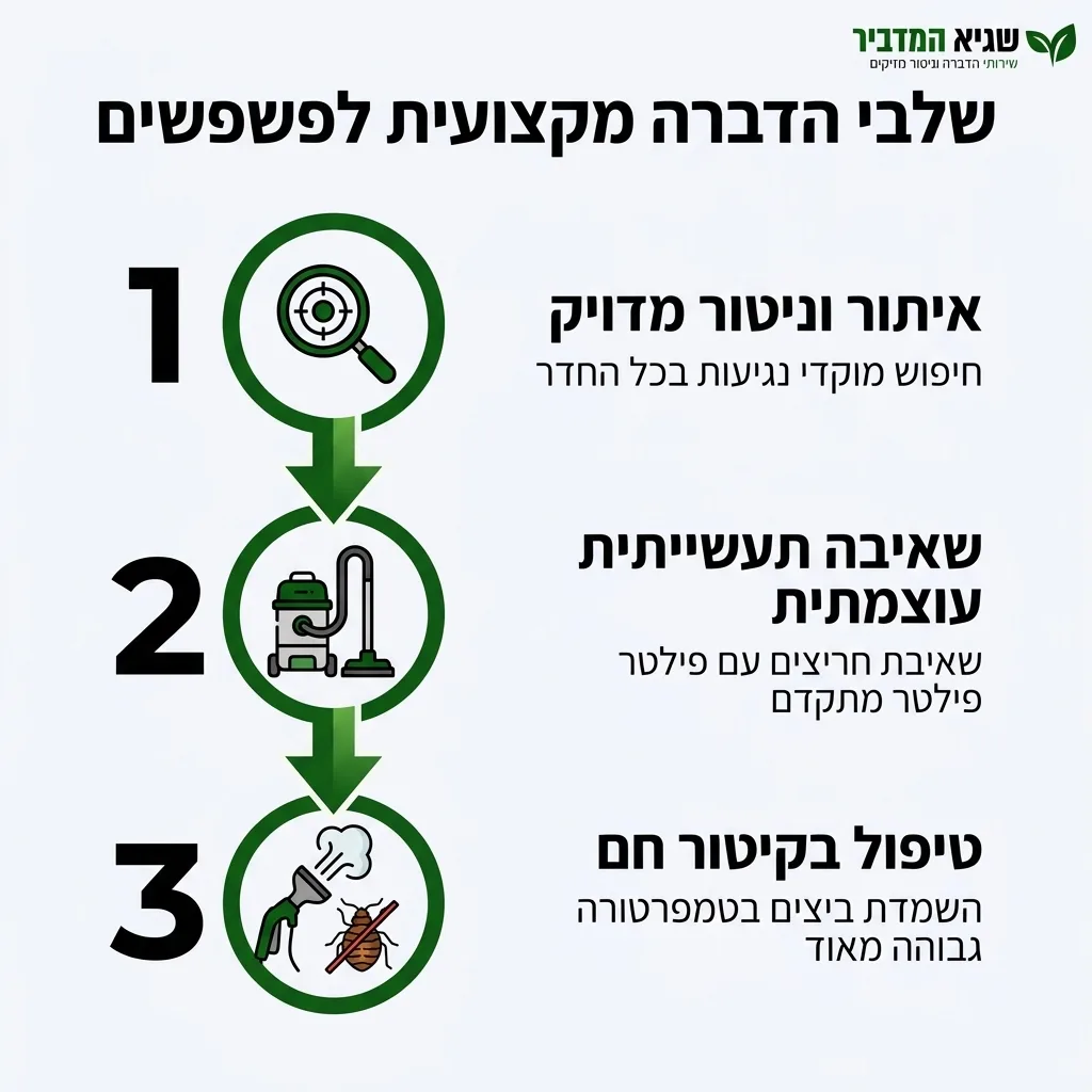 אינפוגרפיקה — שלבי הדברה מקצועית לפשפשים: איתור וניטור מדויק, שאיבה תעשייתית עוצמתית, טיפול בקיטור חם