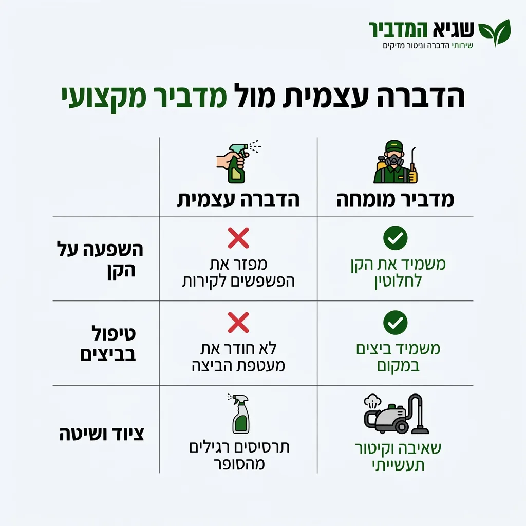 אינפוגרפיקה — הדברה עצמית מול מדביר מקצועי: השוואה בין הדברה עצמית, מדביר מומחה