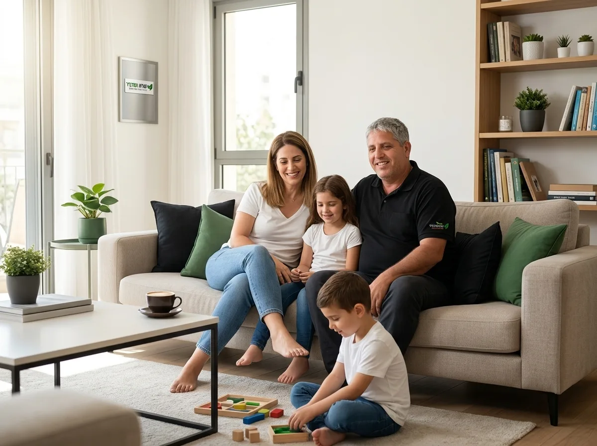צילום של משפחה רגועה יושבת בסלון מואר ומסודר, ללא דאגות, משדרת שקט נפשי לאחר פתרון בעיית המזיקים