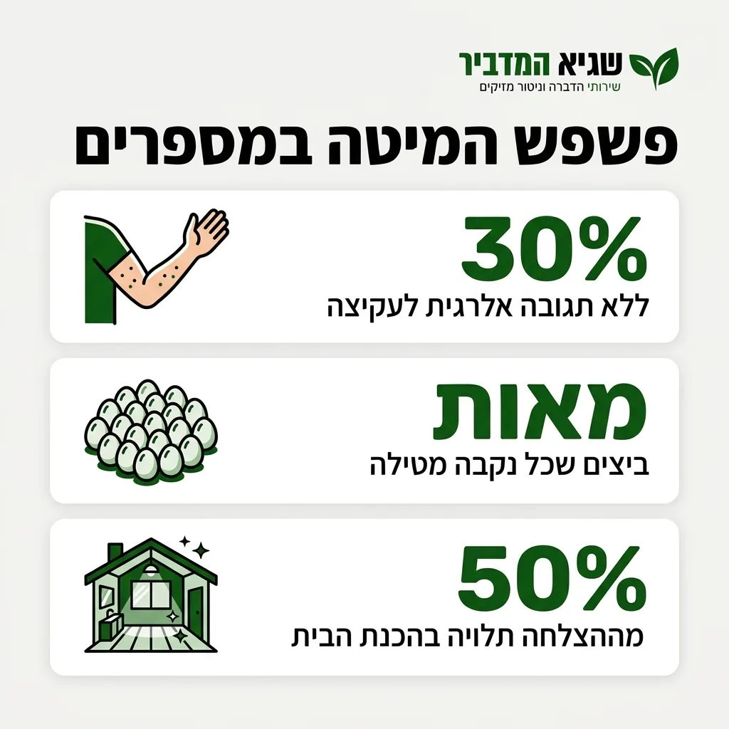 אינפוגרפיקה — פשפש המיטה במספרים: ללא תגובה אלרגית לעקיצה, ביצים שכל נקבה מטילה, מההצלחה תלויה בהכנת הבית