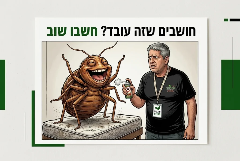 איור קומי של אדם המנסה לרסס פשפש מיטה ענק עם תרסיס קטן, והפשפש צוחק. הכותרת: 'חושבים שזה עובד? חשבו שוב'.