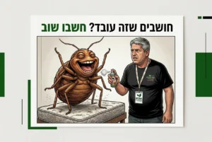 איור קומי של אדם המנסה לרסס פשפש מיטה ענק עם תרסיס קטן, והפשפש צוחק. הכותרת: 'חושבים שזה עובד? חשבו שוב'.