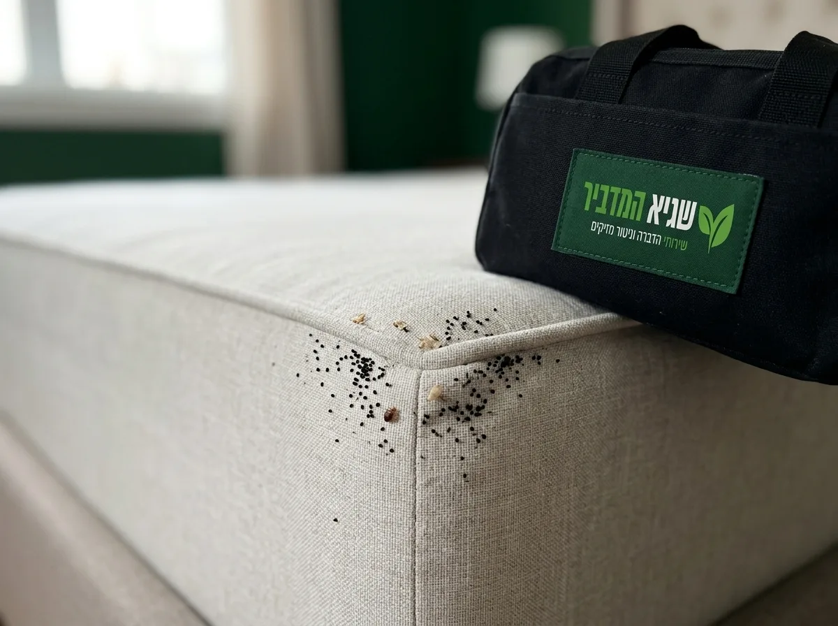 צילום קרוב וממוקד של פינת מזרן בהירה המראה נקודות שחורות קטנות המעידות על נגיעות של פשפשים, תאורה טבעית וברורה