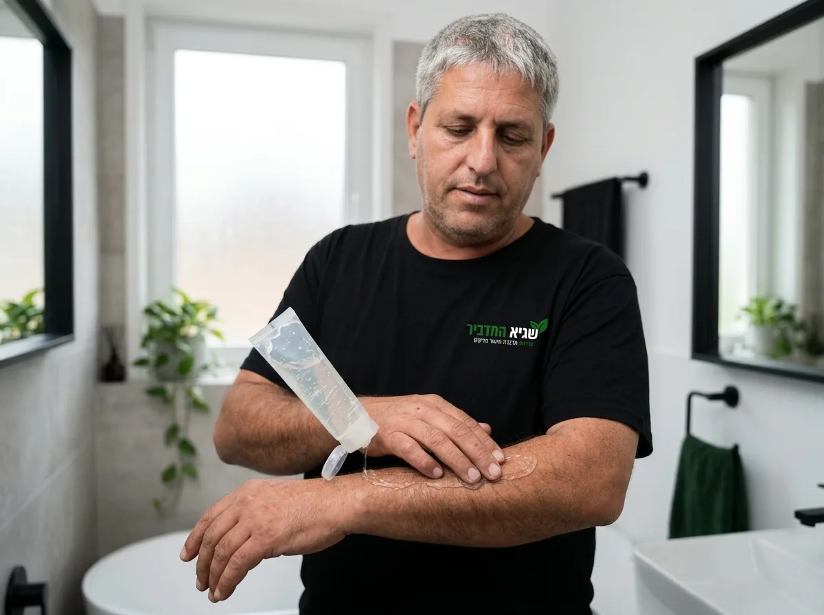 צילום נקי ואיכותי של אדם מורח משחת אלוורה שקופה על זרוע מגרדת בחדר אמבטיה, פוקוס על המגע העדין של האצבע בעור
