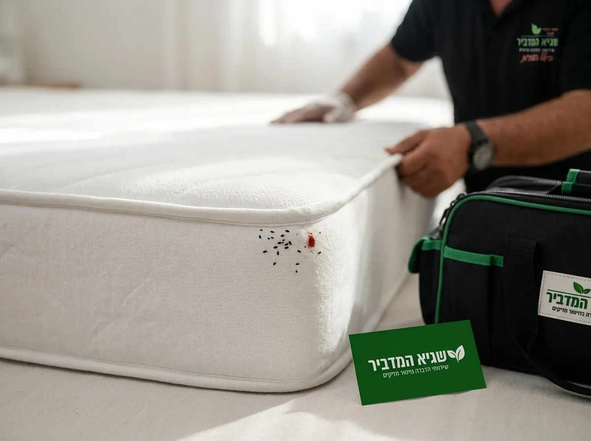 צילום תקריב פוטו-ריאליסטי של פינת מזרן לבן בחדר שינה, עליו רואים בבירור כמה נקודות שחורות קטנות וכתם דם זעיר, תאורה טבעית של בוקר, עומק שדה רדוד המדגיש את הכתמים