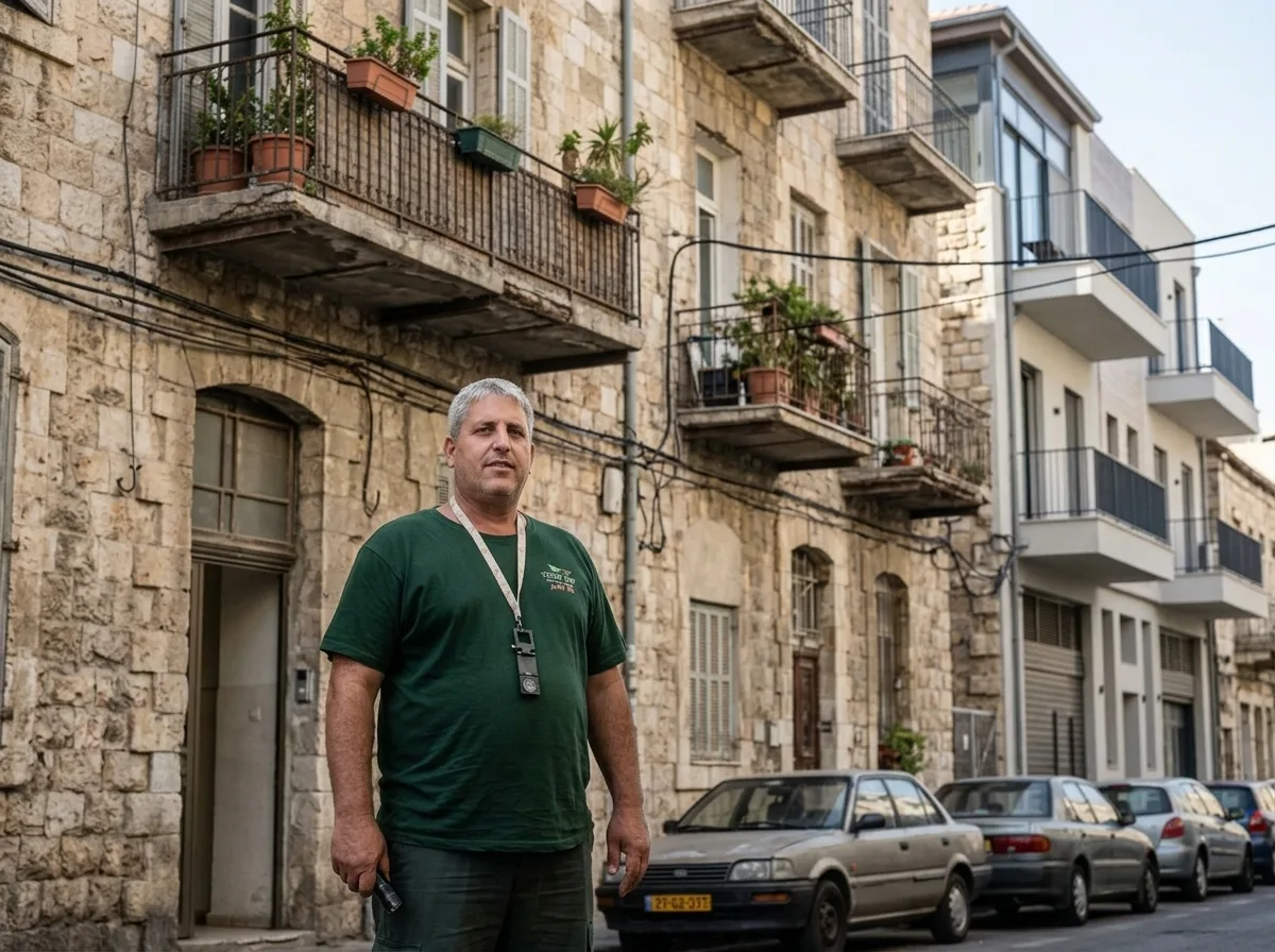 צילום רחוב טיפוסי בשכונת הדר בחיפה, בנייני אבן ישנים עם מרפסות, תאורת יום טבעית, צילום מציאותי פוטו-ריאליסטי